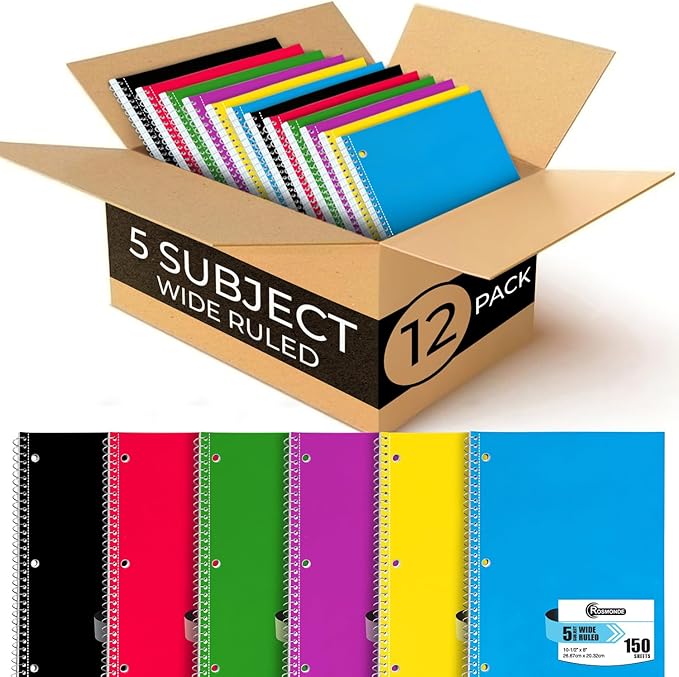 Rosmonde 12 Pack Spiral Notebook, 5 Subject, 300 Pages/Book (150 Sheets), Wide Ruled, 8 x 10-1/2, Bulk Office Spiral Notebooks, Sturdy Spiral Journal, Notebooks for School, Soft Cover, Assorted Colors