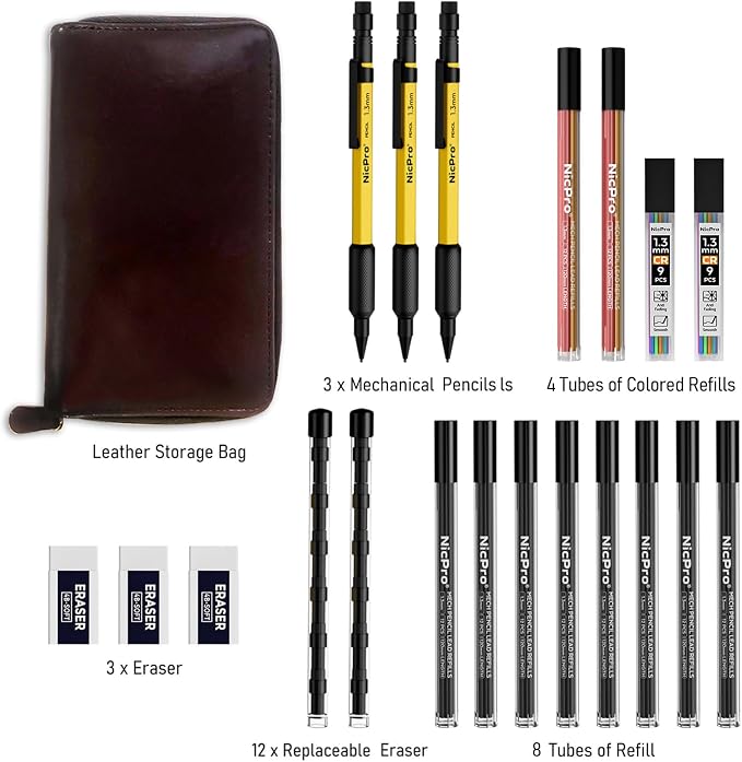 Nicpro 21PCS 1.3 mm Mechanical Pencil Set in Leathercase with 138 Lead | 3 Eraser, Eraser Refills- Weatherproof Metal Barrel, Heavy Duty Carpenter Pencil for Outdoor Marking Drawing Woodworking