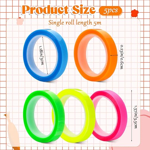 5 Rolls Highlighter Tape Colored Transparent Marking Sticker Removable Fluorescent Neon Tape Annotation Supplies for Teachers Students Reading Home Office (0.23inch X 16ft)