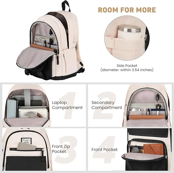 WINDARS School Backpack for Teen Girls, Cute College Backpacks for Women Students Aesthetic Bookbag Large 15.6 Inch Laptop Bag Middle School Travel Back Pack (Black Beige)