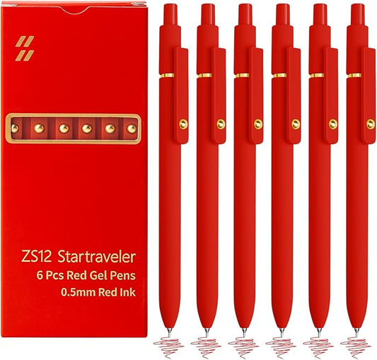 YOXMJDB 6 Pcs Red Ink Pens for Journaling 0.5mm Fine Point Red Gel Ink Pens, Smooth Writing Quick Dry Pen for Note Taking, Gift Set for Women & Men (6 Pcs Red Gold)