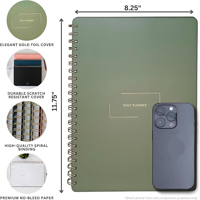 Undated Daily Planner | 8.25” x 11.75” To Do List Notebook | Work Productivity ADHD Organizer | Men and Women Planner | College Supplies | Navy | Portrait Layout