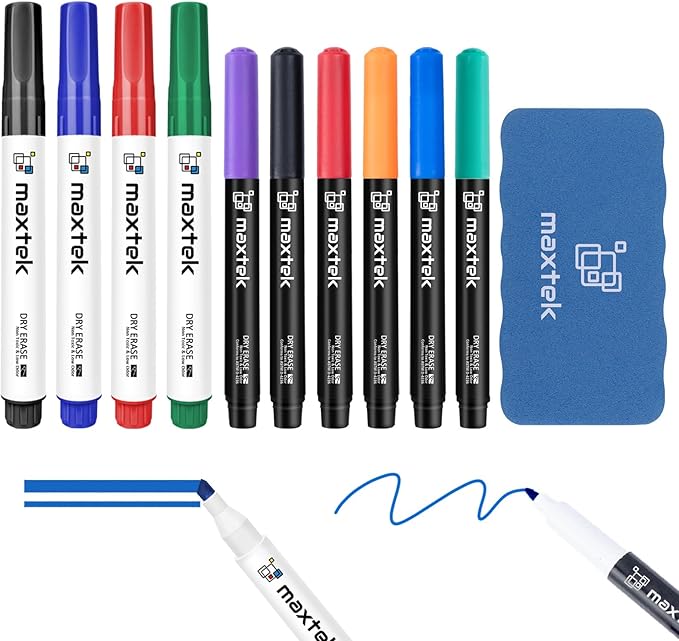 maxtek Low Odor Dry Erase Markers Mixed Tip, Whiteboard Markers Set 10 Count with 1 Magnetic Eraser