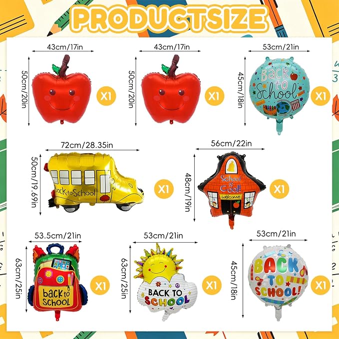 8PCS Back to School Balloons Set, School Bus, Apple, Backpack, School, Sun Foil Balloons, 18 Inch Round Back to School Balloons for Classroom Decorations, First Day of School Party Supplies