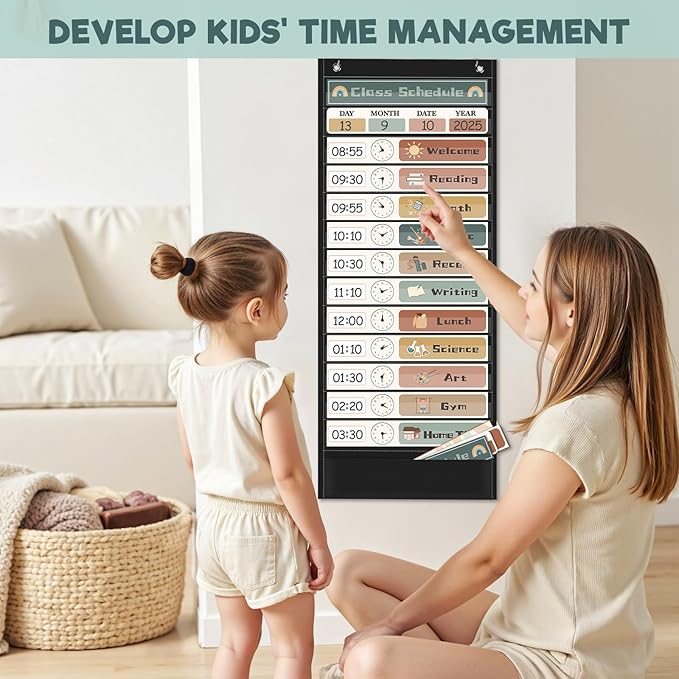 Daily Schedule Pocket Chart for Kids Management, 13+1 Pockets with 30 Cards Black Visual Time Reusable Dry-Eraser Schedule, Teacher Supplies for Boho Classroom Homeschool Decor