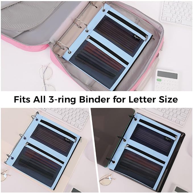 SKYDUE Pencil Pouch for 3 Ring Binder, 3 Pockets and Mesh Window | Zipper Pencil Pouch Pencil Bag with 3 Reinforced Grommets, Durable Organizer for School Supplies, Cables, Earbuds, Makeup