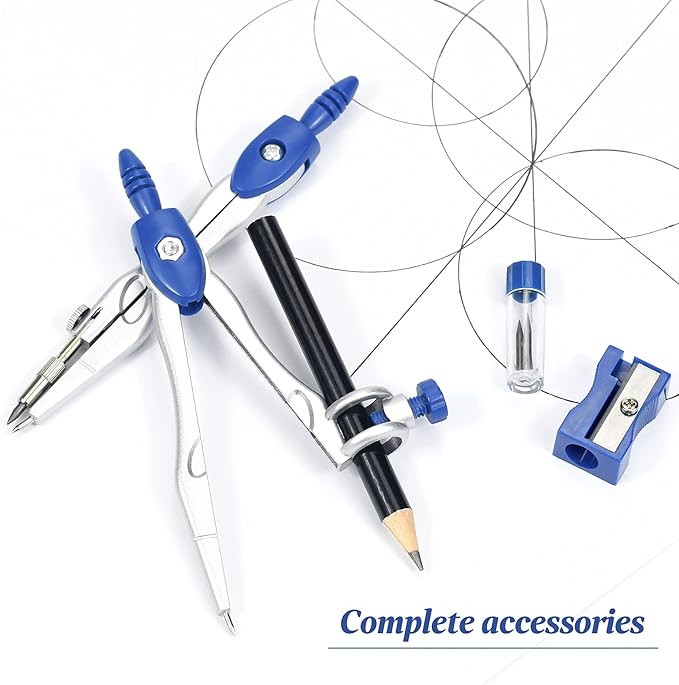 Unjoo Math Geometry Kit Sets 10 Piece Student Supplies with Shatterproof Storage Box,Includes Rulers,Protractor,Compass,Eraser,Pencil Sharpener,Lead Refills,Pencil,for Drafting and Drawings（Navy blue）