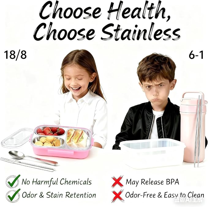 Stainless Steel Bento Box for Kids, 3-Compartment Leakproof Lunch Box, 18/8 Food-Grade Metal Lunch Container with Lid, 25oz Portable School Lunchbox for Girls, Pink