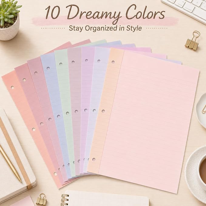 gisgfim 100 Sheets 3 Hole Punched Lined Refill Paper 8 x 10.5 Inch Loose Leaf Paper 3-Ring Binders College Ruled Notebooks Planner Inserts Thicken for Writing School Office Home Supplies(Dreamy)