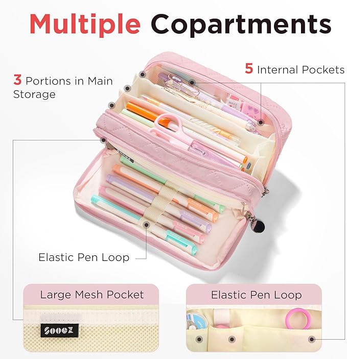 Sooez Large Pencil Case Pouch, Extra Big Pencil Bag with 8 Compartments, Pen Bag Wide Opening, Soft Quilted Pencil Pouch Organizer with Zipper, Portable Pencil Case for Teen Girls, Blush