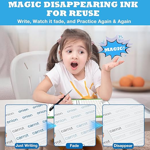 Magic Grooved Writing Practice Book for Kids Ages 3–8, 6 Reusable Handwriting Practice Books with 6 Pens, 12 Refills, 3 Soft Grips, Preschool Learning Activities Gifts for Boys and Girls