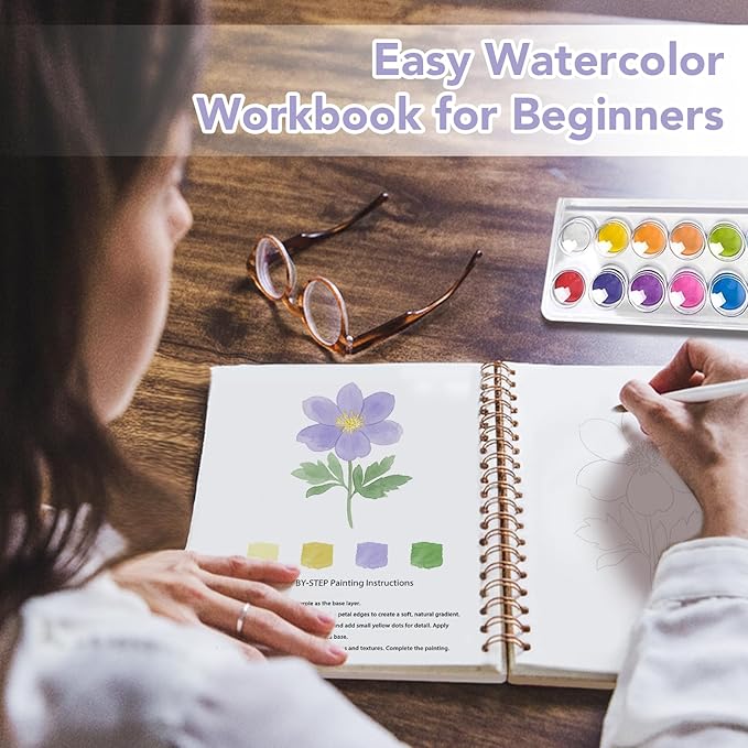 Easy Watercolor Workbook for Beginners - 12 Beautiful Step-by-Step Paintings Water Coloring Book, Includes 16 Watercolors Set, Relaxing Art Projects and Creative Gift for Adults & Teen (Flowers)