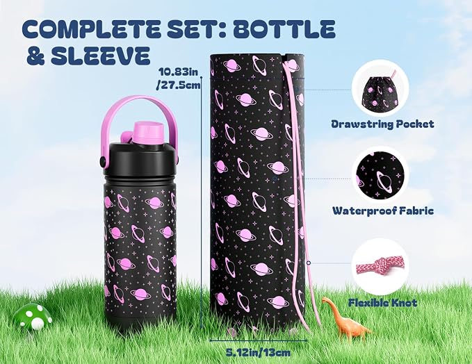 18 oz Kids Insulated Water Bottle: Glow-in-the-Dark, 2-in-1 Straw Spout Lid, Leakproof, BPA-Free, Keep Cold 24H, Stainless Steel Cup for School, Party, Travel, Holiday, Gift (Magic Glow Planet)