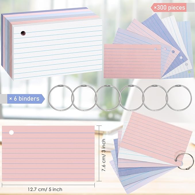 Epakh 300 Pieces Lined Index Cards 180 GSM Thick Flash Cards with Rings Notecards Punched Back to School for Studying Adults Home College Office(3 x 5 Inch,Stylish Colors)