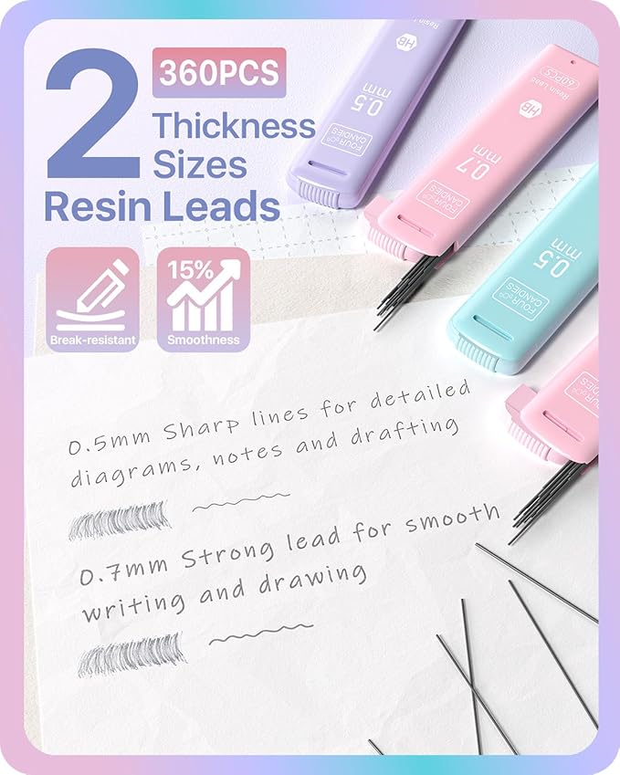 Four Candies 6PCS Cute Mechanical Pencil Set, 0.5mm & 0.7mm with 360PCS Lead Refills, Pastel Erasers & Case, Clean Girl Preppy School Supplies for College Standardized Tests and Schoolwork