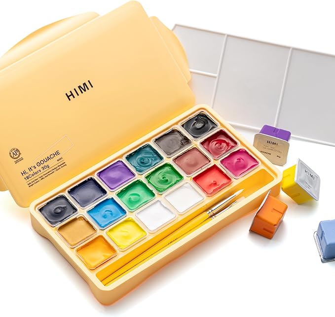HIMI Gouache Paints Set, 18 Colors, 30g, jelly gouache paint set, Non Toxic Paint for Canvas and Paper, Art Supplies for Professionals, and More (Yellow Case)