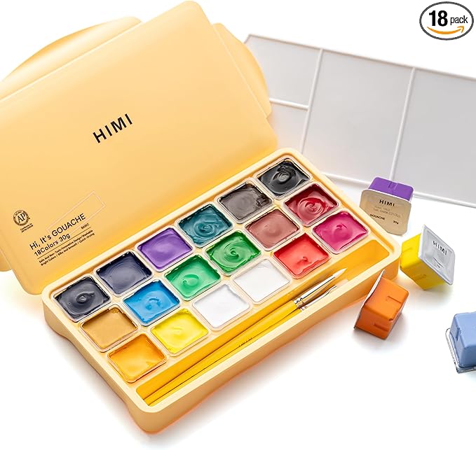 HIMI Gouache Paints Set, 18 Colors, 30g, jelly gouache paint set, Non Toxic Paint for Canvas and Paper, Art Supplies for Professionals, and More (Yellow Case)