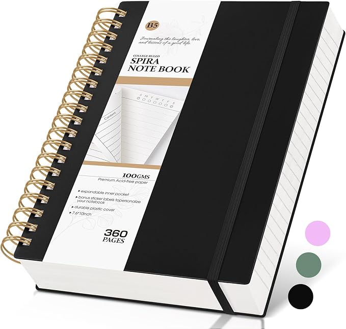 MUAHLIUB Spiral Notebook Journal College Ruled, 360 Pages Lined Thick Journals for Women Men, B5 Big Notebooks with 100GSM Paper, Spiral Bound Journaling for Writing Work School Black 7.6"×10"