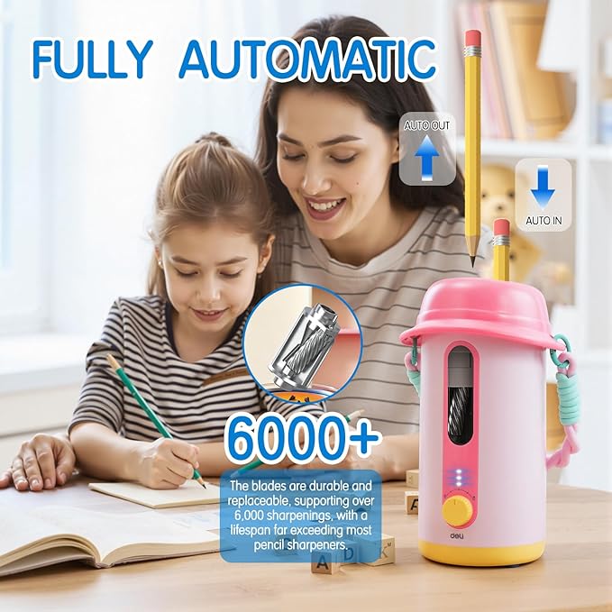 Electric Pencil Sharpener, Low Noise Fully Automatic Pencil Sharpener for Classroom,6.9-10.8mm Colored/Jumbo Pencils, Auto in & Out,Rechargeable Hands-Free Sharpener for Home/Office, Pink