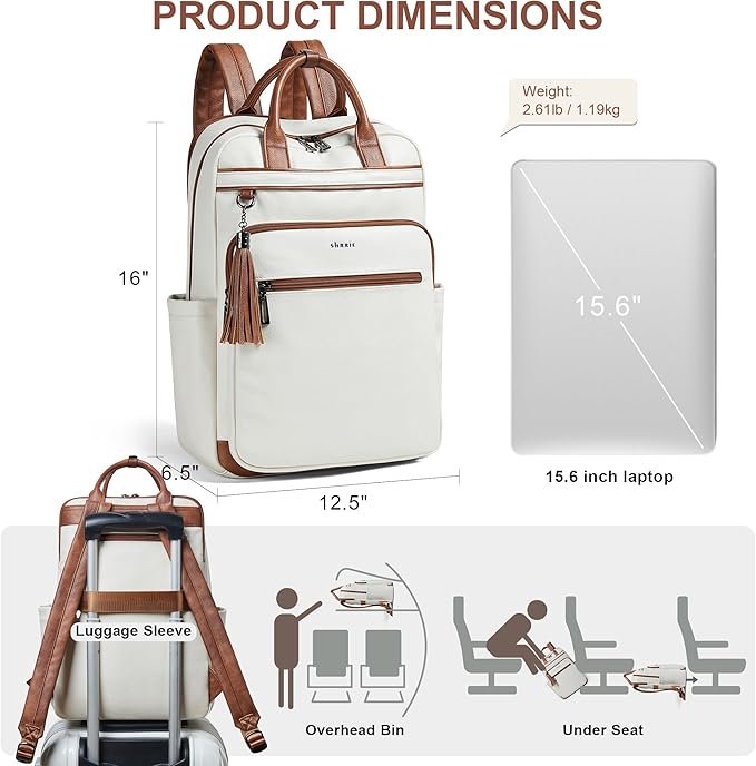 Shrrie Laptop Backpack for Women 15.6 inch Travel Leather Backpack Purse Work Computer Backpacks for Business College Beige