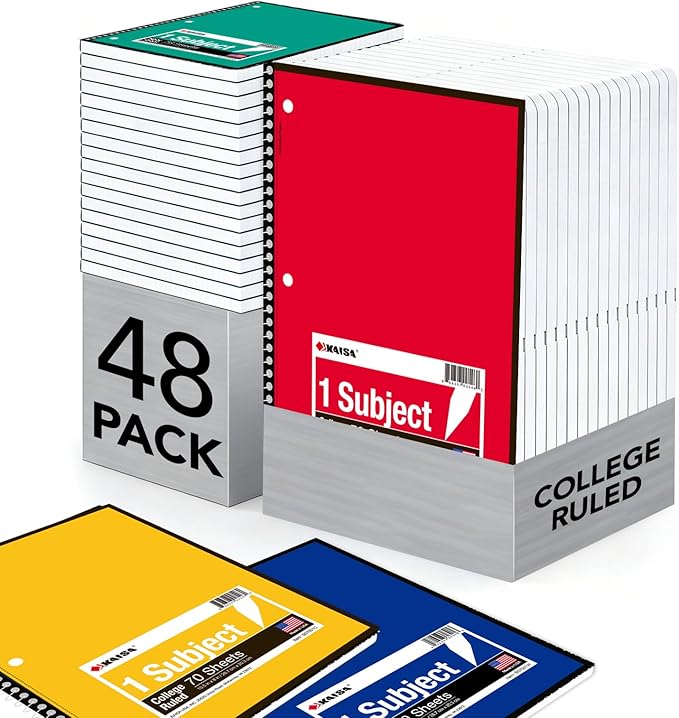KAISA 1 Subject Spiral Notebooks, 6 Vibrant Color Options, 8 Pads Per Color – Abundant Stock for All Your Needs 70 Sheets College Ruled 10.5"x8" Paper, Note Books Home School Supplies for Students Office, 1Carton of 48pcs