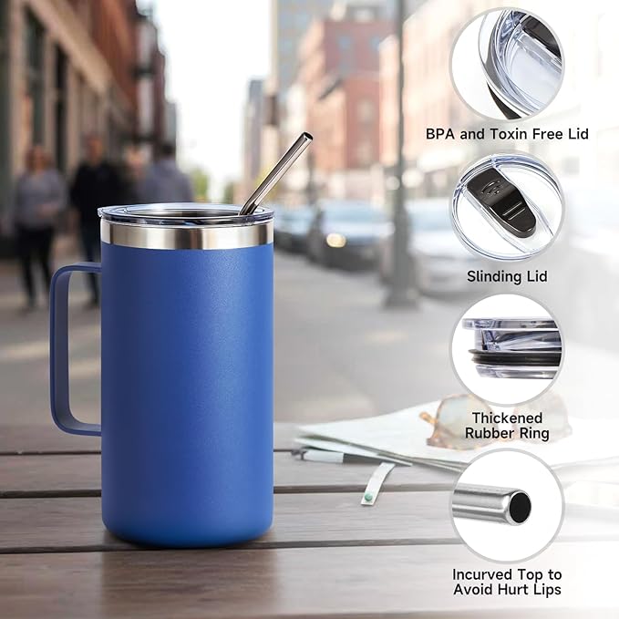 Volhoply 22oz Insulated Stainless Steel Coffee Mug with Leakproof Lid,Double Wall Vacuum Travel Coffee Cup with Handle,Reusable Metal Tumbler,Camping Mugs Keep Hot&Cold(Blue,1)