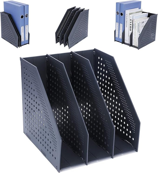 FRETONBA Collapsible Magazine File Holder with 3 Vertical Compartments Foldable Binder Holder for Desk Binder Storage Organizer Plastic Magazine Holders for Shelf, Dark Gray