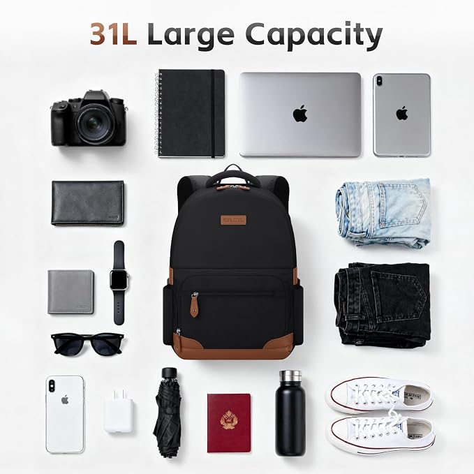RealCool 15.6-17.3" Laptop Backpack, 31L Water Resistant Travel Bag | Independent frame opening, lightweight ,multi-compartments, ergonomic padded straps, luggage belt, for School,Business Trip
