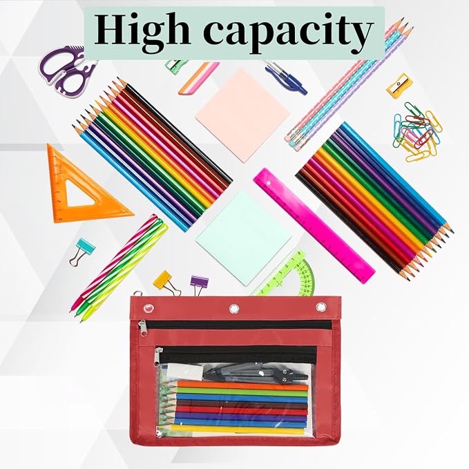 YoeeJob 2 Pack Expandable Pencil Pouches for 3 Ring Binders, Red | 1-inch expansion, 2 clear PVC pockets, 3 holes, large-capacity storage for school and office supplies.