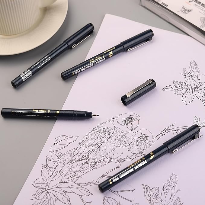 16 Pack Micro Fineliner Drawing Pens - Waterproof Black Ink, Assorted Tip Sizes for Sketching, Manga, Anime, Comic, Art Writing, Journaling & Architectural Design