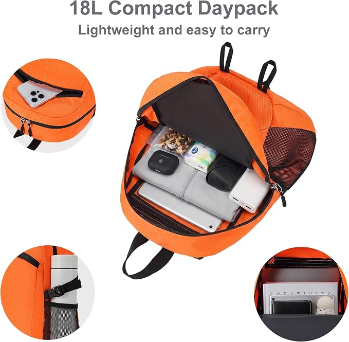Lightweight Hiking Backpack 18L Packable Foldable Small Daypack Collapsible Travel Bag Water-Resistant for Adults (Orange)