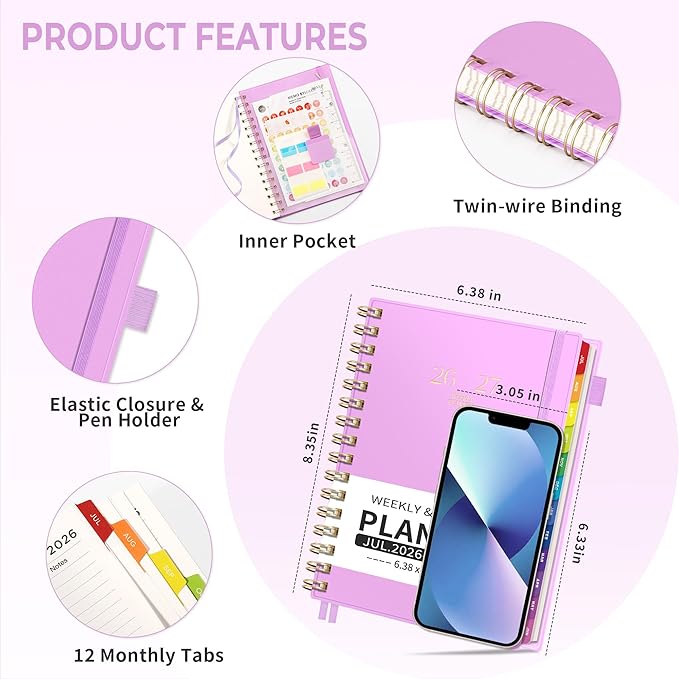 EMSHOI Academic Planner 2026-2027, Weekly and Monthly Calendar (July 2026 - June 2027), School Student Teacher Agenda Book, 100GSM Paper, PVC Cover, Colorful Tabs, A5 (6.38" x 8.35"), Purple