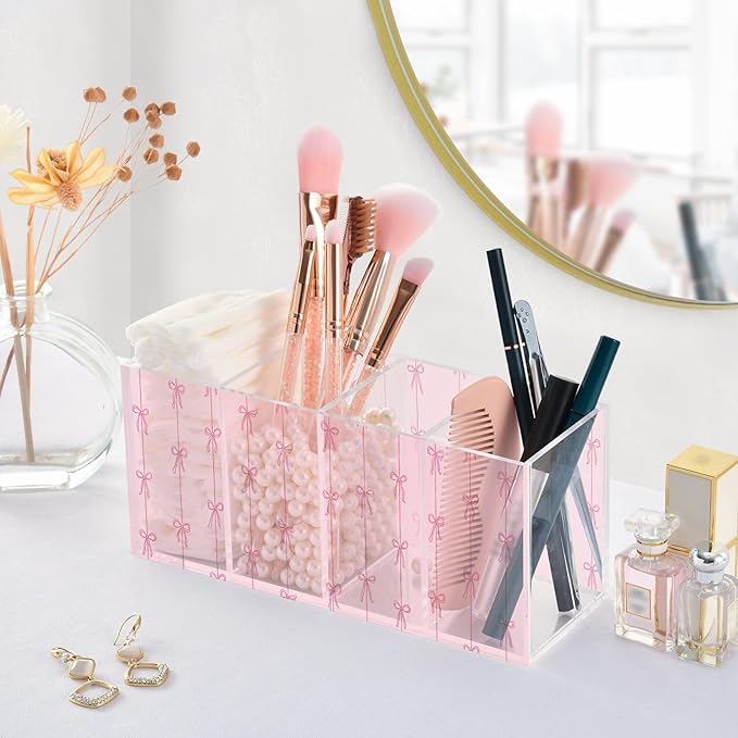 Aslsiy Ribbons Bow Coquette Pen Holder Pink 4 Compartments Acrylic Pencil Holder Clear Makeup Brush Holder Desk Organizer Office Supplies