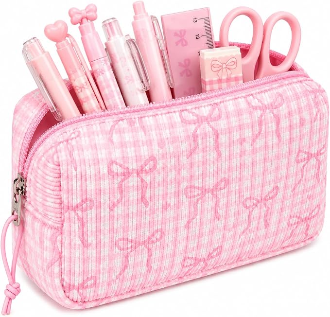 LEDAOU Cute Pencil Case for Kids Girls Boys Pencil Pouch kawaii Pen Pencil Box Bag Holder for School Students (Corduroy Pink Bow Checkered)