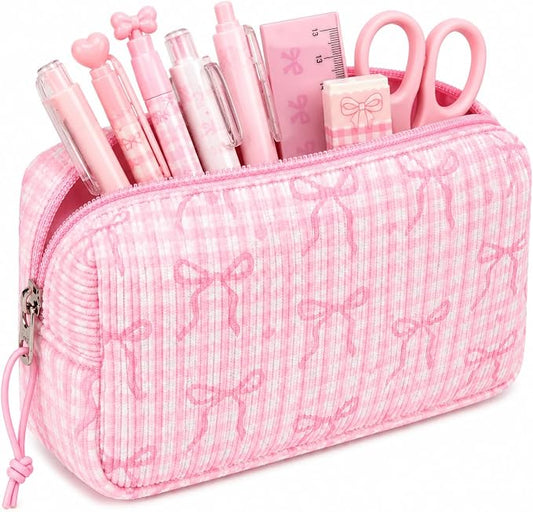 LEDAOU Cute Pencil Case for Kids Girls Boys Pencil Pouch kawaii Pen Pencil Box Bag Holder for School Students (Corduroy Pink Bow Checkered)