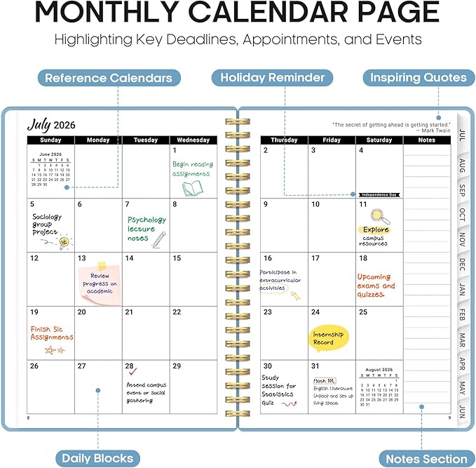 Planner 2026-2027, 6.3" x 8.5" Weekly and Monthly Academic Year Planner Calendar, July 2026 - June 2027, Hardcover Large School Planning Agenda With Tabs, Perfect for School & Office Supplies, A5, Baby Blue