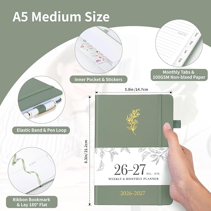 Planner 2026-2027, Weekly and Monthly Planner with Tabs from Jan 2026 - Dec 2026, A5 Hardcover Academic Calendar with Date for School & Office Schedule, 5.8" x 8.3", Sage Green