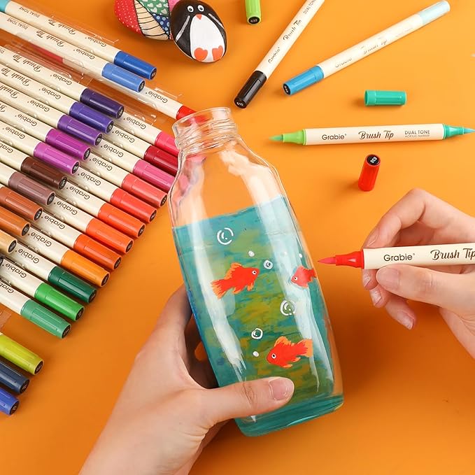 Grabie 72 Colors Acrylic Paint Markers, 36 Pack Dual Tip Soft Brush Acrylic Markers, Water-Based Paint Pens for Paper, Rock Painting, Wood, Canvas, Glass, Fabric, DIY Craft Art Supplies for All Ages