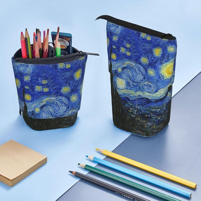 Starry Night Kids Standing Pencil Case Girls Boys Telescopic Stationary Pouch with Zipper Large Capacity Stand up Pen Bag Portable Makeup Holder for Children School Students Office Supplies