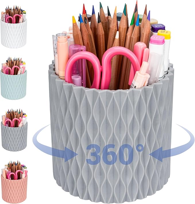 Pencil Holder - 360° Rotation, 5 Slot Desk Supplies For Women Office Aesthetic. Pencil Holder For Office&School, Desk Accessories(Grey)