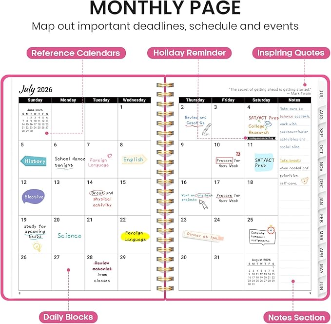 Planner 2026-2027 for Women & Men, Academic Monthly and Weekly Calendar Planner, Jul 2026 - Jun 2027, A4 (8.5" x 11"), Teacher Student Planning Book with Tabs, Ideal for Office School Supplies - Berry Pink