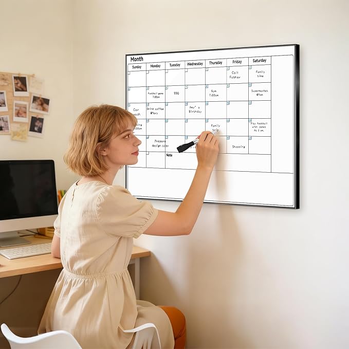 Whiteboard Calendar for Wall Hanging, 24" x 18" Magnetic Dry Erase Calendar Board with Black Aluminum Frame, Wall Mounted Large Monthly Planner Reminder for Office Home School