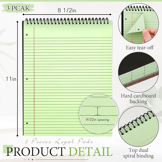 MotiMind 3 Pack 8.5" x 11" Top Spiral Notebook with 3 Hole Punched Green Legal Pads College Ruled Notepad 50 Sheets Hard Cardboard Paper Wirebound Notepad for Office School Business