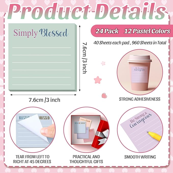 Yinder 24 Pcs Inspirational Sticky Notes Cute Motivational Sticky Notes Pad End of Year Employee Appreciation Gifts Bulk for Teacher Nurse Coworkers Office Supplies 3 x 3'' (Bible,Aesthetics)