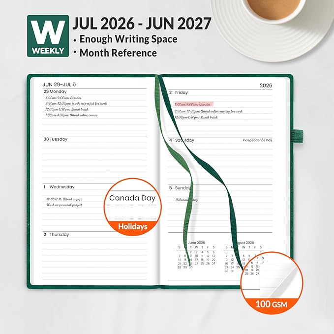 SUNEE 2026-2027 Pocket Weekly Planner for Purse 3.5" x 6" - 12 Month (July 2026 - June 2027) Academic Year Calendar, Pocket Size Planner, Hardcover, Note, 100 GSM Paper, Deep Green