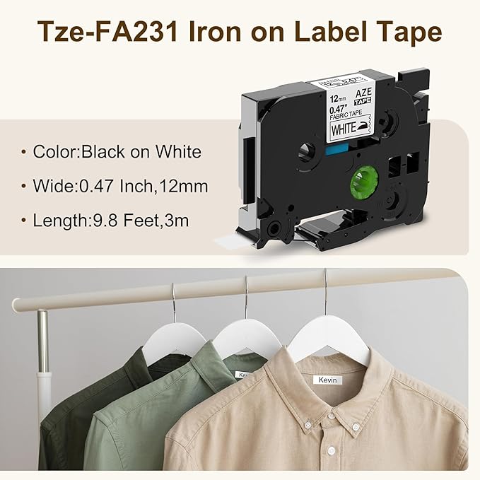 Fimax Tze FA231 Fabric Iron-on Clothing Label Tape Replace for Brother P Touch Fabric FA231 Tz Tape 12mm 0.47'' for PT-D210 PT-D400 PT-H100 PT-D200 PT-D600 Label Makers (Black on White,4PK)