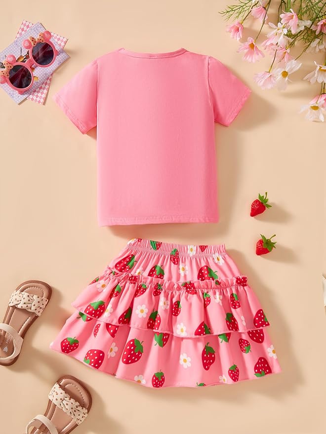 Little Girls Skirt Set - 2 Piece Short Sleeve Top Shirred Tiered Skirt Outfit Girls Spring Summer Clothes 3-8 Years
