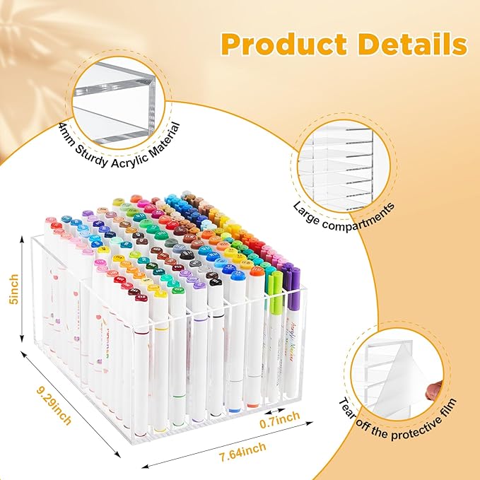 MotiMind Acrylic Marker Organizer for 126 Marker, Large Art Pencil Holder Storage Rack for Desk, Pens Art Brushes Display Stand with 18 Compartments for Desktop, Office (clear, 126 Capacity)