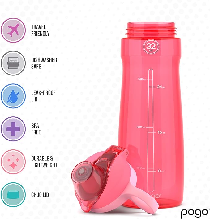 Pogo BPA-Free Tritan Plastic Water Bottle with Chug Lid, 32 Oz, Pink.