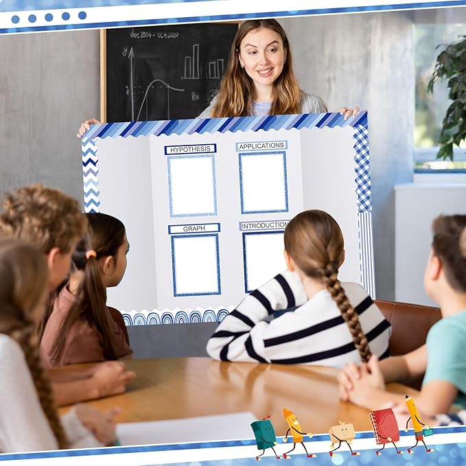 Fuyoooo 90 Pcs Science Fair Board Supplies 60 Trim Scalloped Bulletin Borders 24 Presentation Board Subtitles 6 Science Fair Titles for Classroom Display Boards(Glitter,Blue)